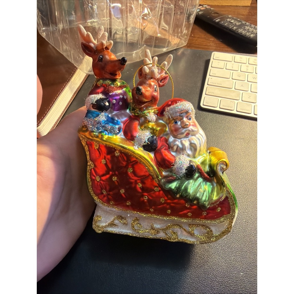 Home Accents Holiday Santa In Sleigh With Reindeer Blown Glass !